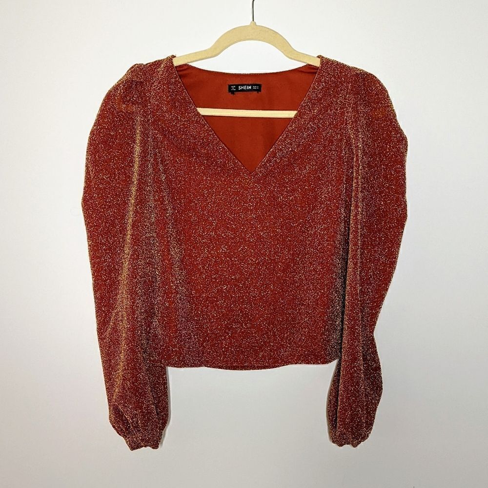 Women's SHEIN Long Sleeve Blouse Orange Gold Shimmer Top Puff Sleeves XS V Neck